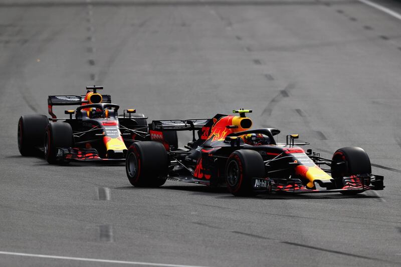 BAKU, AZERBAIJAN - APRIL 29: Max Verstappen of the Netherlands driving the (33) Aston Martin Red Bull Racing RB14 TAG Heuer leads Daniel Ricciardo of Australia driving the (3) Aston Martin Red Bull Racing RB14 TAG Heuer on track during the Azerbaijan Formula One Grand Prix at Baku City Circuit on April 29, 2018 in Baku, Azerbaijan.  (Photo by Mark Thompson/Getty Images)