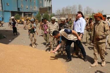 A team of UN and World Food Programme workers visit mills in Hodeidah, Yemen, in February after an attack by Houthis. EPA