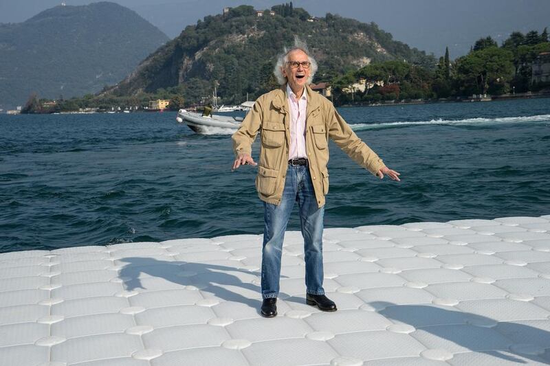 During testing at Lake Iseo, Montecolino, Italy. Christo is delighted that the pier segment undulates with the movement of the waves. Photo: Wolfgang Volz October 2015