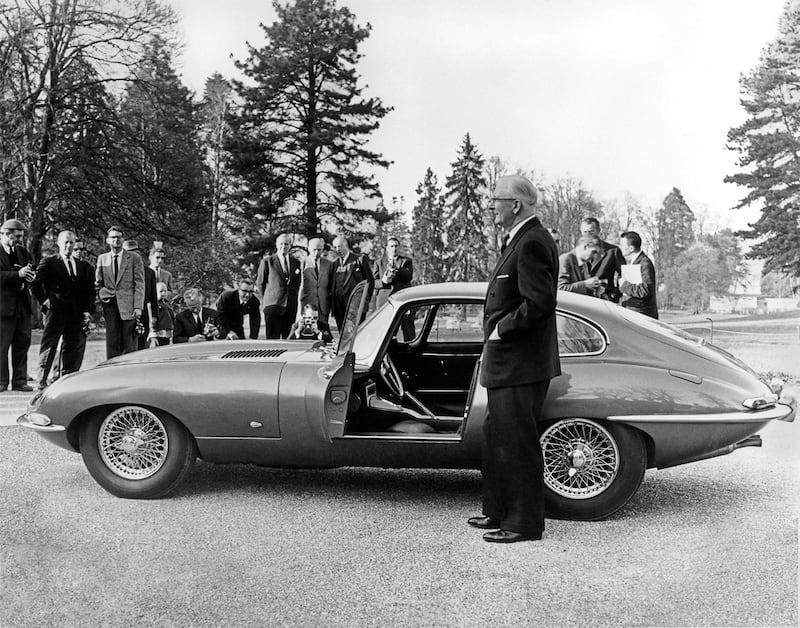 Jaguar founder Sir William Lyons presents E-type ’9600HP’ to invited media at the Parc des Eaux Vives, Geneva in 1961. 
Courtesy JDHT