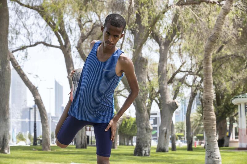 ABU DHABI, UNITED ARAB EMIRATES. 02 MAY 2020. UAE-born Somali distance runner Abdulsalam Farah. He was to represent the UAE University at the World University Games in Morocco but that event unfortunately got postponed due to the current Covid-19 pandemic. (Photo: Antonie Robertson/The National) Journalist: Amith Passela. Section: Sport.