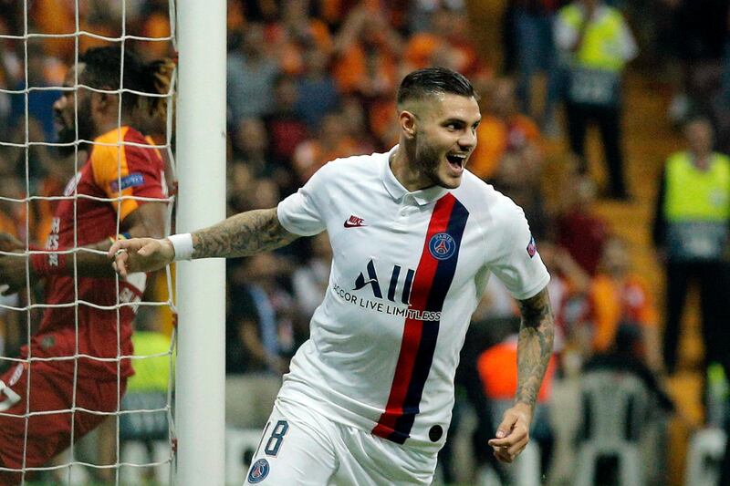 ISTANBUL, TURKEY - OCTOBER 01: Mauro Icardi of Paris Saint-Germain  celebrates after scoring his team's first goal during the UEFA Champions League group A match between Galatasaray and Paris Saint-Germain at Turk Telekom Arena on October 01, 2019 in Istanbul, Turkey. (Photo by Dean Mouhtaropoulos/Getty Images)