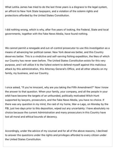 Former US president Donald Trump writes a statement about his deposition for the New York Attorney General's civil probe into his family business. Screengrab / Truth Social