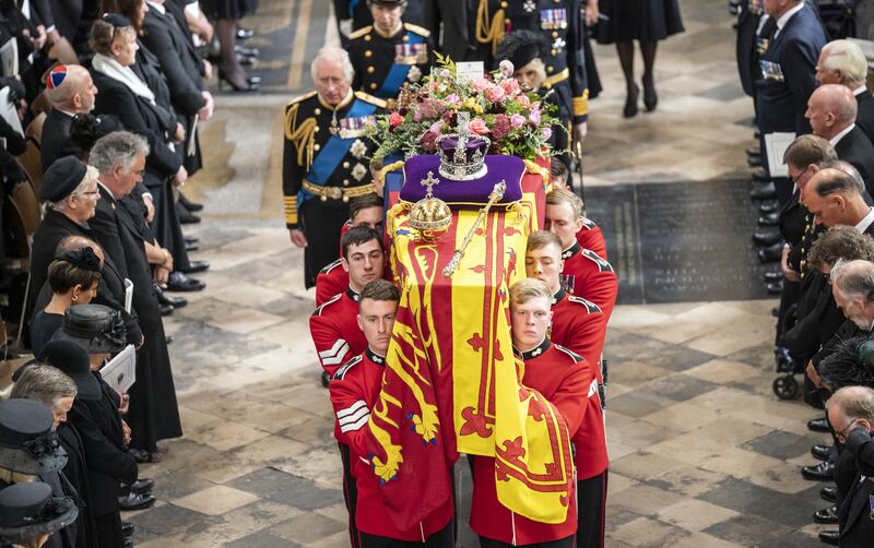 King Charles III and members of the royal family follow behind the coffin of Queen Elizabeth II. PA.