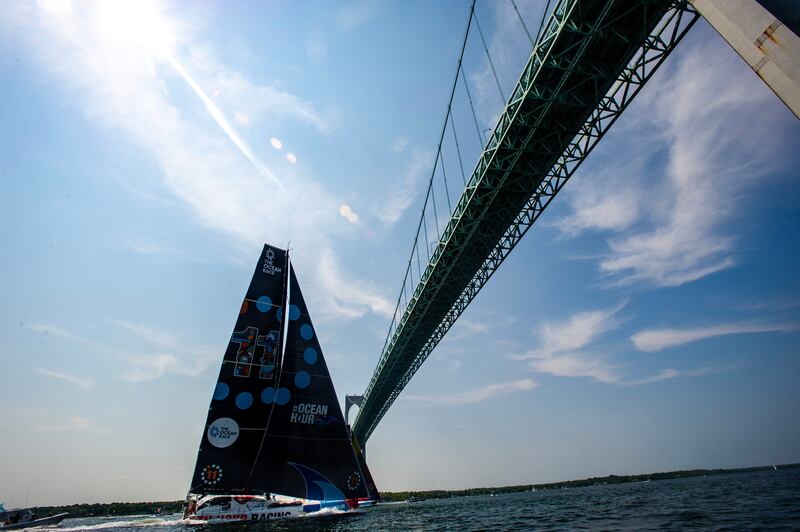 The 11th Hour Racing Team sails under Newport Bridge on the fifth leg of The Ocean Race in Rhode Island, US. AFP