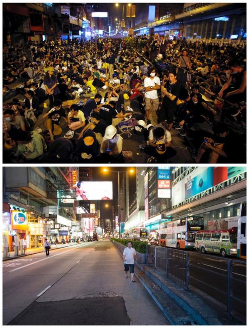 Top, pro-democracy protesters sit on a street as they block an area of the Mongkok shopping district of Hong Kong on October 20, 2014, and bottom, the same location on September 16, 2015. Reuters