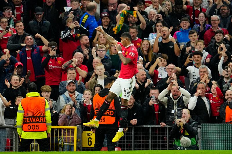 Marcus Rashford celebrates after scoring  the second goal. AP