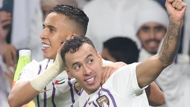 Alejandro Romero (R) of Al Ain celebrates with his teammates after scoring the 4-1 goal during the AFC Champions League semifinal, first leg soccer match between Al Ain and Al-Hilal, in Al Ain, United Arab Emirates, 17 April 2024.   EPA / ALI HAIDER