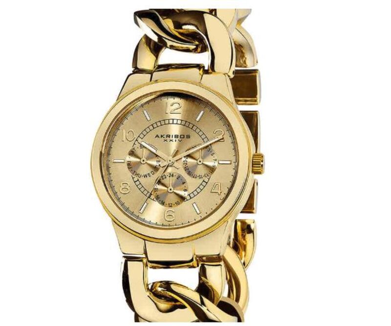 The Akribos XXIV women's gold watch is now Dh119, down from Dh1,818, a saving of Dh1,699 (93 per cent). Courtesy Amazon
