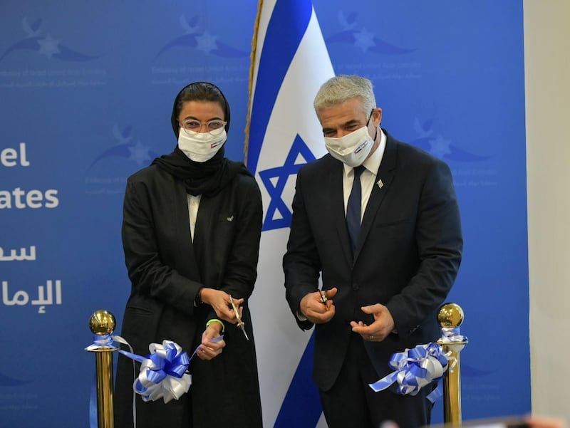 Minister of Culture and Youth Noura Al Kaabi and Israeli Foreign Minister Yair Lapid during the inauguration of the Israeli embassy in Abu Dhabi. Reuters