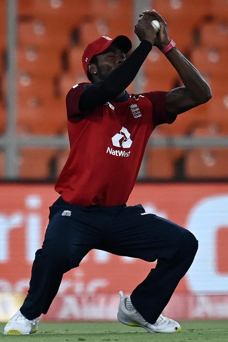 England's Jofra Archer takes the catch to dismiss India opener KL Rahul for 14. AFP