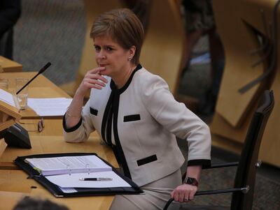 EDINBURGH, SCOTLAND - FEBRUARY 25: Nicola Sturgeon MSP First Minister today during Covid-19 social distancing First Minister's Questions at the Scottish Parliament Holyrood on February 25, 2021 in Edinburgh, Scotland.  (Photo by Fraser Bremner - Pool/Getty Images)