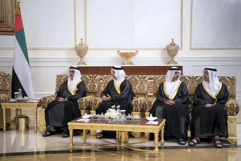 ABU DHABI, UNITED ARAB EMIRATES - September 19, 2018: (R-L) HH Sheikh Abdullah bin Zayed Al Nahyan, UAE Minister of Foreign Affairs and International Cooperation, HH Sheikh Hamed bin Zayed Al Nahyan, Chairman of the Crown Prince Court of Abu Dhabi and Abu Dhabi Executive Council Member, HH Sheikh Mansour bin Zayed Al Nahyan, UAE Deputy Prime Minister and Minister of Presidential Affairs and HH Lt General Sheikh Saif bin Zayed Al Nahyan, UAE Deputy Prime Minister and Minister of Interior, attend a reception for HE Imran Khan Prime Minister of Pakistan (not shown), during a reception at the Presidential Airport. 

( Saeed Al Neyadi / Crown Prince Court - Abu Dhabi )
---