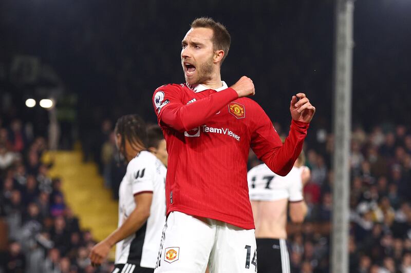 Christian Eriksen celebrates after scoring for Manchester United. Getty