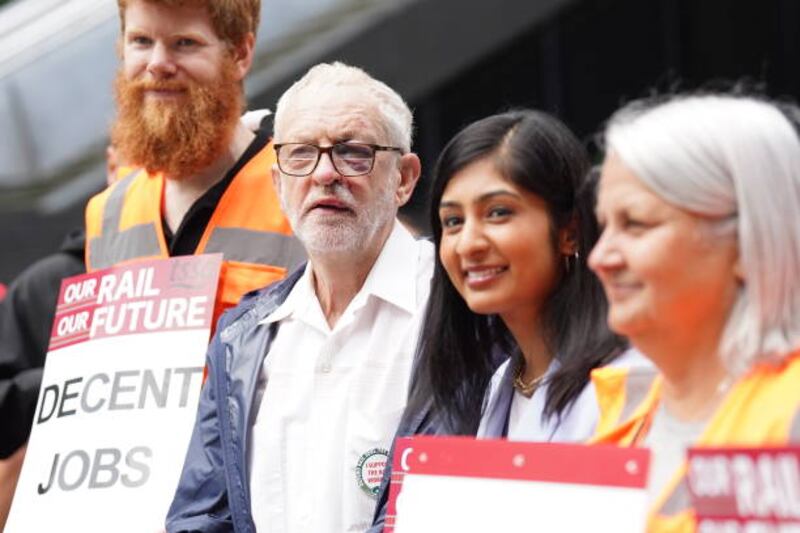 Former Labour party leader Jeremy Corbyn and Zarah Sultana, MP for Coventry South, join the picket line outside London Euston train station. PA