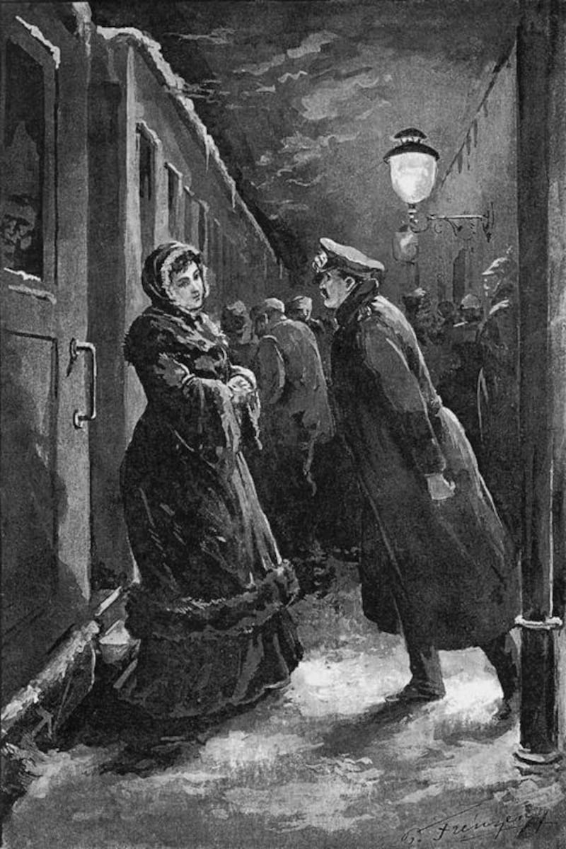 Anna Karenina and Count Vronsky at the station, from an edition illustrated by Paul Frenzeny. Culture Club / Getty Images