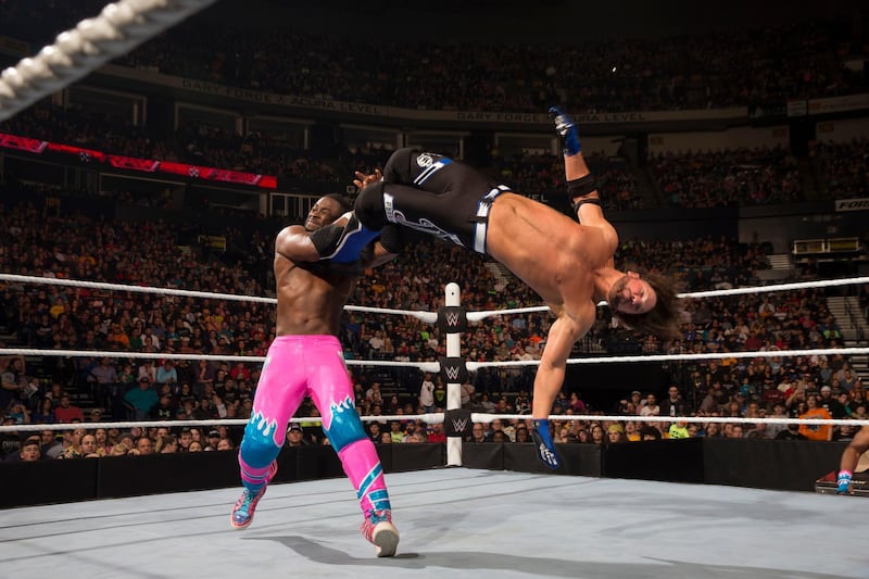 AJ Styles (right) and Kofi Kingston. Photo Courtesy: WWE *** Local Caption ***  sp28mr-pg8-Styles.jpg