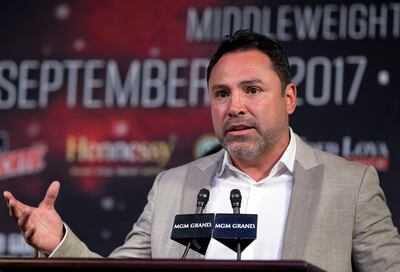 Chairman of Golden Boy Promotions Oscar De La Hoya speaks during a news conference for Canelo Alvarez v Gennady Golovkin bout at MGM Grand hotel and casino in Las Vegas, Nevada, U.S. September 13, 2017. REUTERS/Las Vegas Sun/Steve Marcus