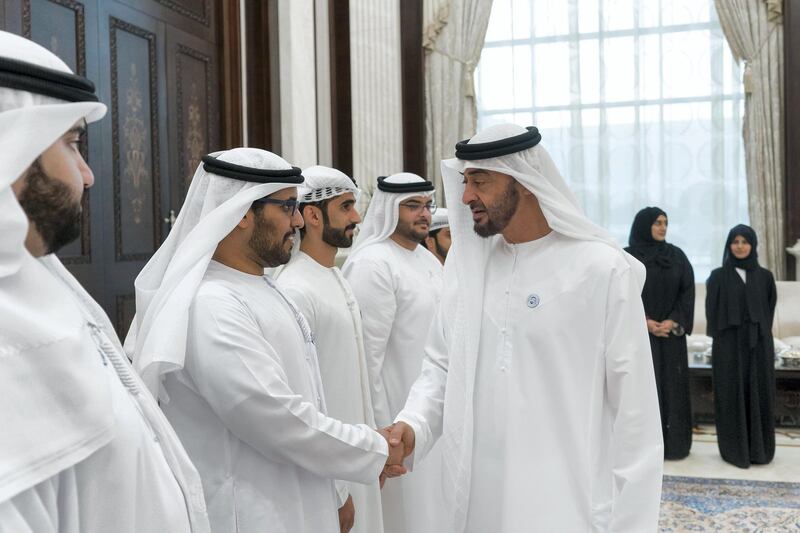 ABU DHABI, UNITED ARAB EMIRATES - June 12, 2018: HH Sheikh Mohamed bin Zayed Al Nahyan Crown Prince of Abu Dhabi Deputy Supreme Commander of the UAE Armed Forces (R) receives State Audit Institution employees, during an iftar reception.
( Rashed Al Mansoori / Crown Prince Court - Abu Dhabi )
---