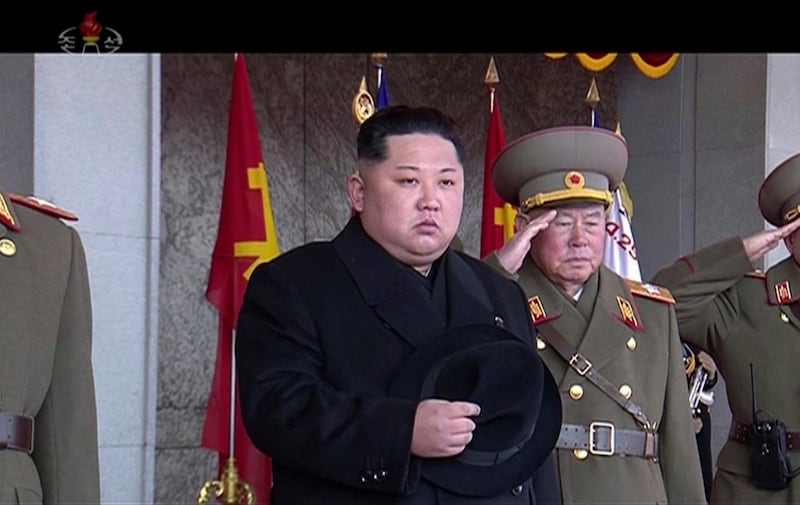 North Korean leader Kim Jong Un attends a military parade in Pyongyang, North Korea on Thursday, Feb. 8, 2018. KRT / AP