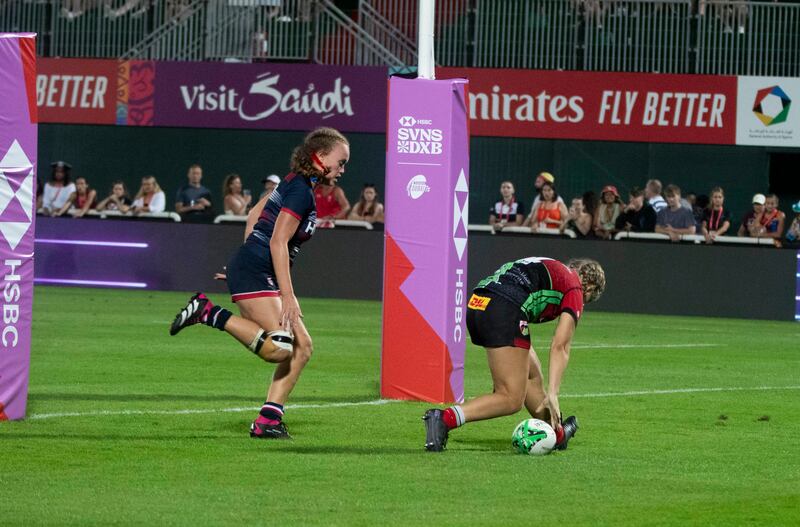 Harlequins score a try in the Gulf Under 19 Girls final at Dubai Sevens.