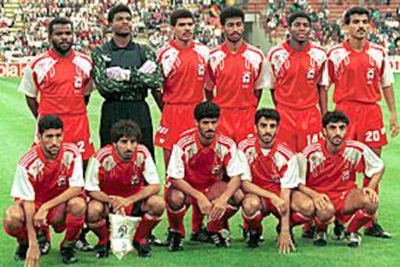 Top: (left to right) Khalil Ghanim, Mossain Mossaba, Ali Thani, Khalid Ismail, Nasser Khamis, Yousef Hussain. Bottom: Hussein Ghoroum, Abdulrahman Mohammed, Adnan Talyani,  Eisa Meer, Ibrahim Meer.