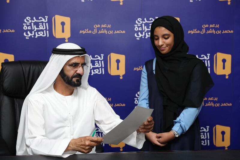 Sheikh Mohammed bin Rashid, Vice President and Ruler of Dubai, honours the winners of the Arab Reading Challenge. Wam