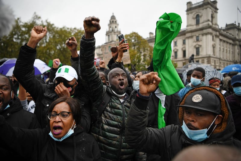 Protesters gather in Parliament Square in London during a demonstration against police brutality in Lagos, Nigeria. AFP