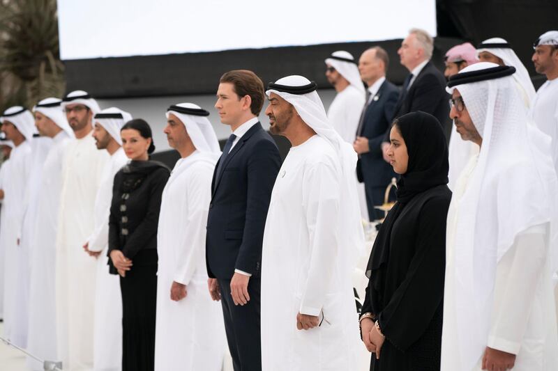 ABU DHABI, UNITED ARAB EMIRATES - March 23, 2019: 
HH Sheikh Hamed bin Zayed Al Nahyan, Chairman of the Crown Prince Court of Abu Dhabi and Abu Dhabi Executive Council Member, HH Sheikha Hassa bint Mohamed bin Zayed Al Nahyan, HH Sheikh Mohamed bin Zayed Al Nahyan, Crown Prince of Abu Dhabi and Deputy Supreme Commander of the UAE Armed Forces, HE Sebastian Kurz, Chancellor of Austria and other dignitaries, stand for the national anthem prior to an equestrian performance by the Spanish Riding School of Vienna, at Emirates Palace.

( Ryan Carter / Ministry of Presidential Affairs )
---