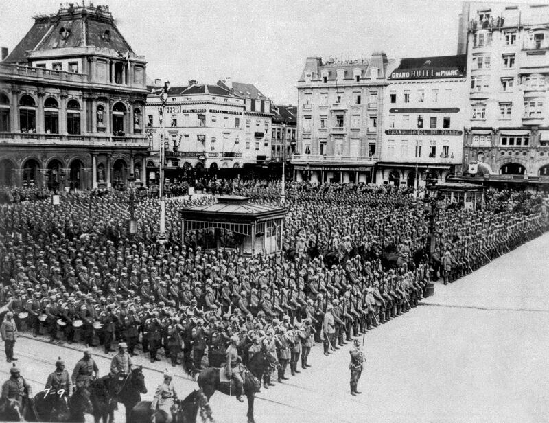 German troops stand in formation during the occupation of Brussels.