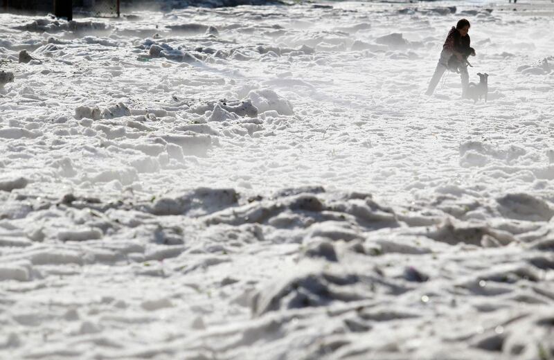 A woman and her dogs walk on hail in the eastern area of Guadalajara, Mexico. AFP