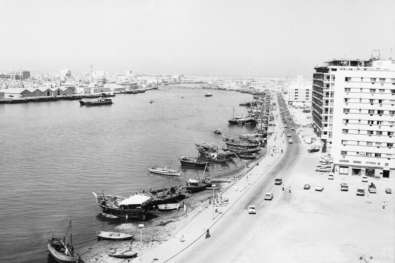 View from the Carlton Hotel looking towards the creek entrance in July 1970. It shows several larger buildings underway on the Deira side, and the new National Bank of Dubai can be seen midway down the quay.
Courtesy Michael Hamilton-Clark