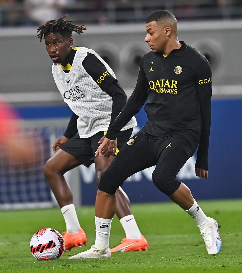 Kylian Mbappe and Timothee Pembele during PSG's training. EPA