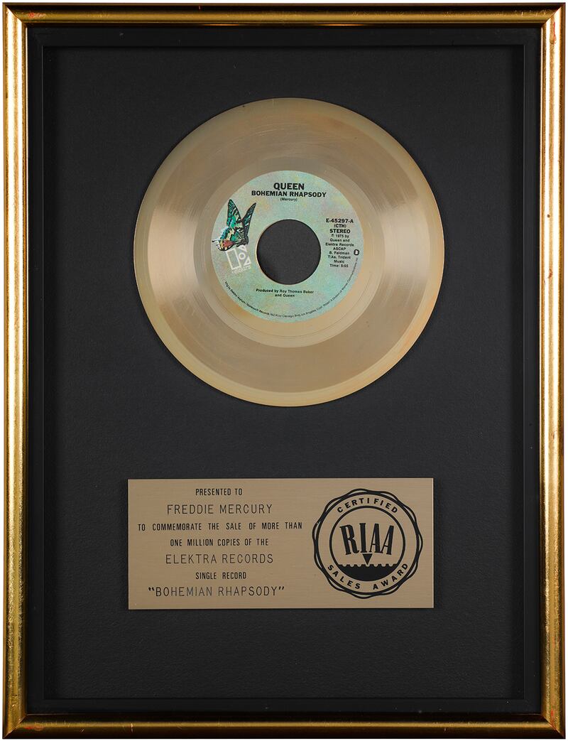 RIAA Gold Sales Award for Bohemian Rhapsody, estimated  £4,000-£6,000