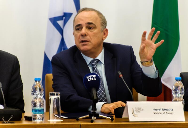 Israeli Energy Minister Yuval Steinitz attends the Quadrilateral Ministerial Meeting for the EastMed Pipeline on December 5, 2017, in the Cypriot capital Nicosia. / AFP PHOTO / Iakovos Hatzistavrou