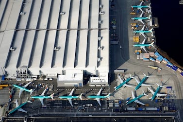 An aerial photo shows Boeing 737 Max airplanes parked on the tarmac at the Boeing Factory in Renton, Washington. The troubled aircraft will be a main subject at IATA's global aviation summit. Reuters 