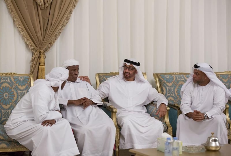 Sheikh Mohammed bin Zayed, Crown Prince of Abu Dhabi and Deputy Supreme Commander of the Armed Forces, offers condolences to the family of Saeed Anbar Juma Al Falasi, who died from injuries sustained while serving the UAE Armed Forces in Yemen. Mohamed Al Hammadi / Crown Prince Court - Abu Dhabi