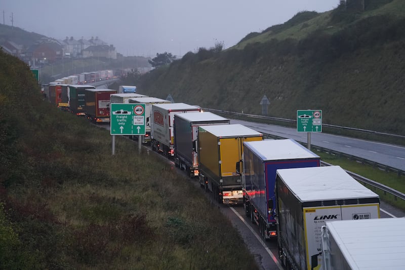 Freight lorries queuing for entrance to ferry services in Dover, as Storm Ciaran brings high winds and heavy rain to the south coast of England. PA