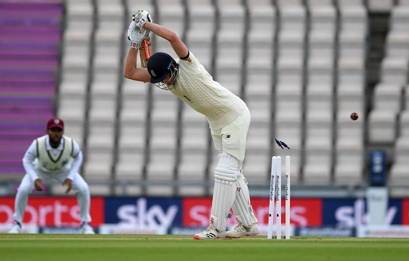 England's Dom Sibley loses his wicket for no runs on the first day of the first Test in Southampton. AFP