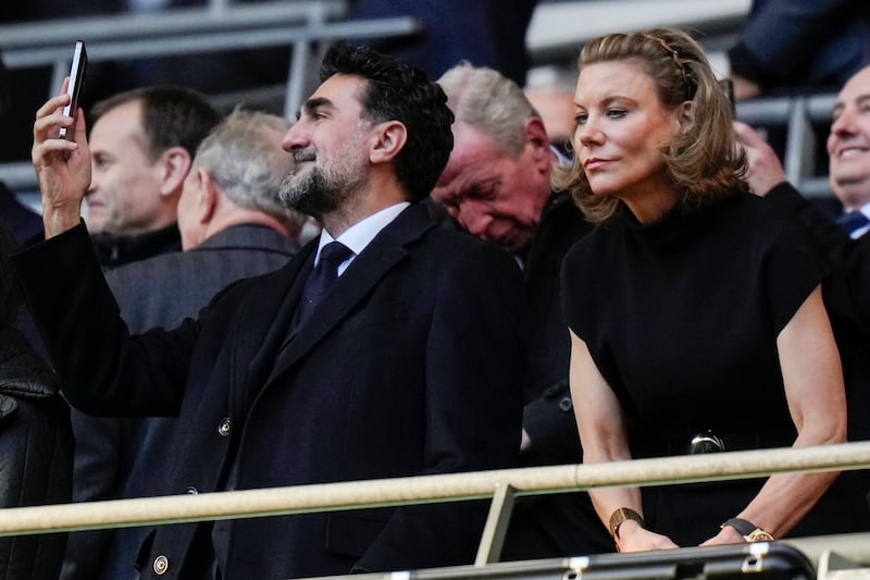Newcastle United chairman Yasir Al Rumayyan and director Amanda Staveley before the kick-off. AP 
