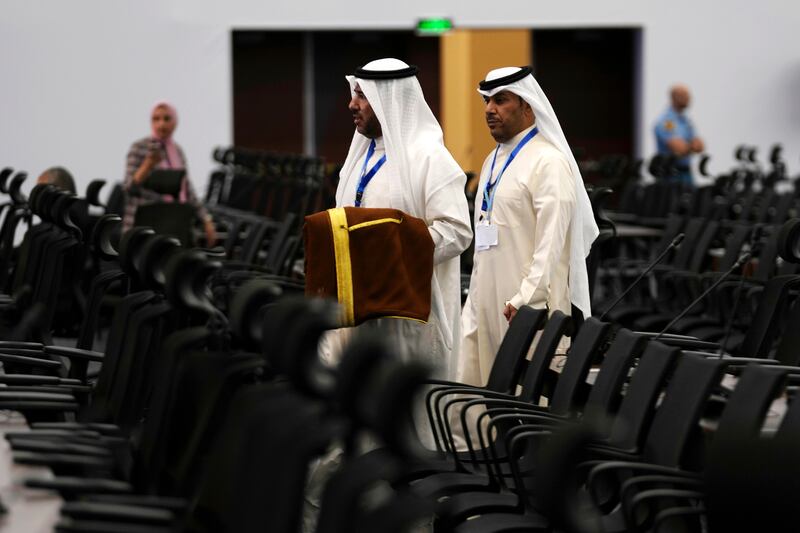 Kuwait delegation members arrive to listen to speakers at Cop27. AP Photo