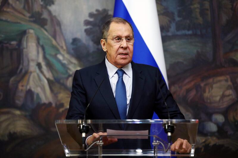 Russian Foreign Minister Sergey Lavrov speaking during a press conference following trilateral talks with Armenian Foreign Minister Zohrab Mnatsakanyan and  Azerbaijan's Foreign Minister Jeyhun Bayramov on the Nagorno-Karabakh situation, in Moscow, Russia.  EPA