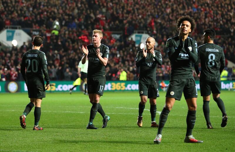 Soccer Football - Carabao Cup Semi Final Second Leg - Bristol City vs Manchester City - Ashton Gate Stadium, Bristol, Britain - January 23, 2018   Manchester City's Kevin De Bruyne and team mates applaud fans after the match    REUTERS/Hannah Mckay    EDITORIAL USE ONLY. No use with unauthorized audio, video, data, fixture lists, club/league logos or "live" services. Online in-match use limited to 75 images, no video emulation. No use in betting, games or single club/league/player publications.  Please contact your account representative for further details.