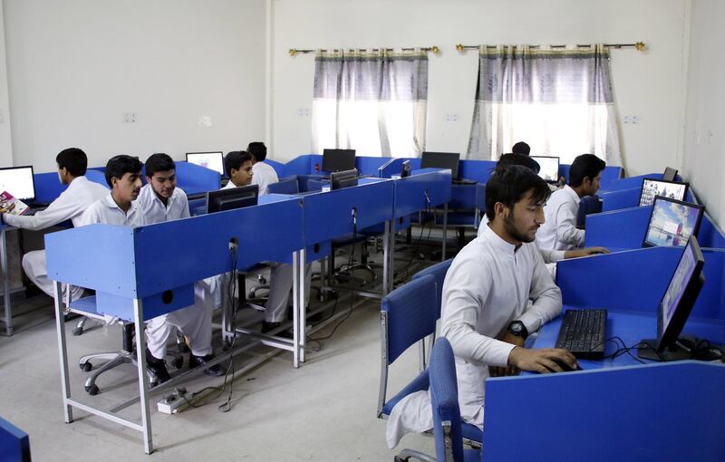 Students learn modern IT skills in a computer lab of a reconstructed government school in Ahingaro Dherai village of militancy-hit Swat district in Pakistan‚Äôs Khyber Pakhtunkhwa province. Aamir Saeed for The National