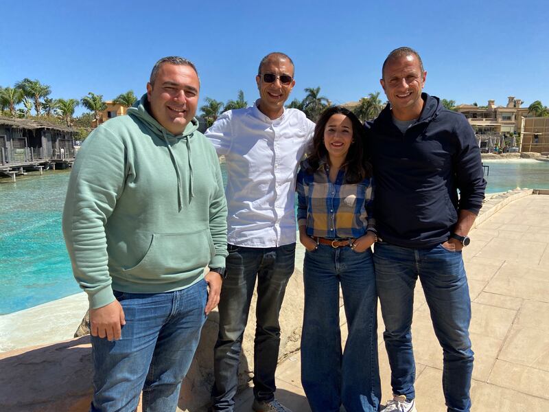 Technopolitan co-founders (from left) Mohamed Dessouki, Mohamed Ashraf, Fatma Ashraf, and Ahmed Shakib at the Palm Hills Club in the 6th of October Cairo suburb. Nada El Sawy / The National
