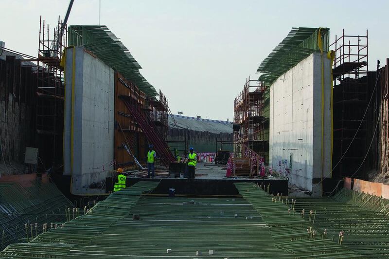 Construction on the 1.2km-long service tunnel that will connect all the museums in the Saadiyat Cultural District. Works are preparing for cement casting near the exit tunnel to the Louvre Abu Dhabi. Antonie Robertson / The National