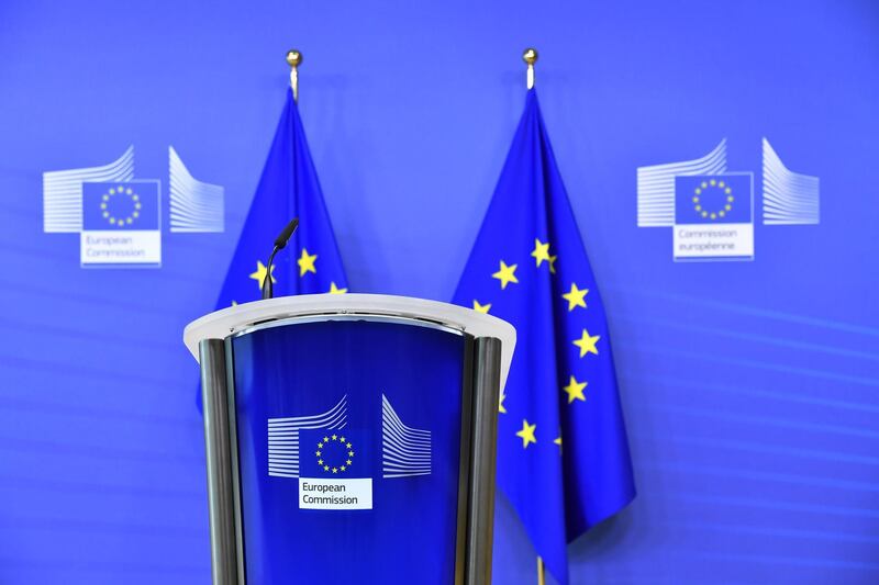 An empty podium ahead of a news conference with Ursula von der Leyen, president of the European Commission, at the Berlaymont building in Brussels, Belgium, on Sunday, Dec. 13, 2020. Prime Minister Boris Johnson and von der Leyen are expected to agree to allow negotiations over a post-Brexit trade deal to continue beyond Sunday’s deadline. Photographer: Geert Vanden Wijngaert/Bloomberg