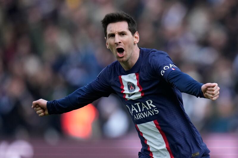 Lionel Messi celebrates after scoring Paris Saint-Germain's winner in the 4-3 Ligue 1 win against Lille at Parc des Princes on February 19, 2023. AP