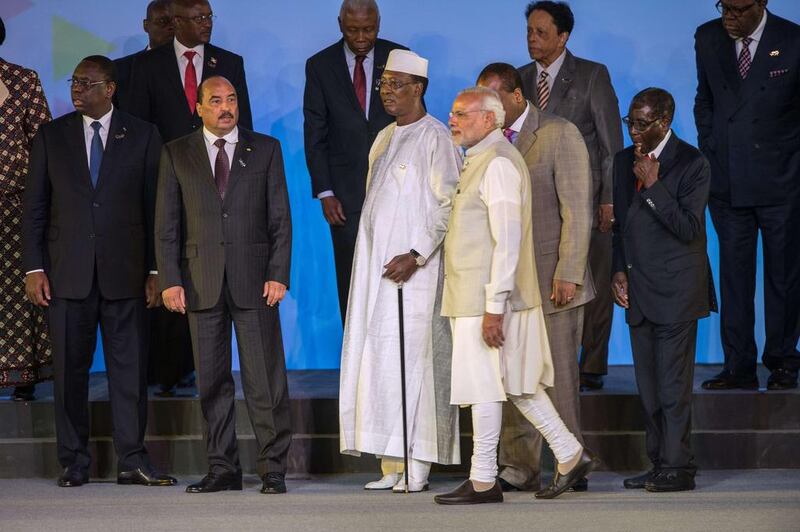 From left, Senegal's president Macky Sall, Mauritania's president Mohamed Ould Abdel Aziz, Chad's president Idriss Déby Itno, Indian prime minister Narendra Modi and Zimbabwe's president Robert Mugabe  at the India-Africa Forum Summit in New Delhi on October 29, 2015.  Roberto Schmidt/AFP Photo