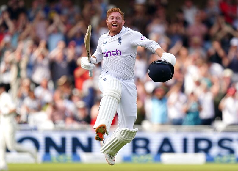 England's Jonny Bairstow celebrates reaching his century during the second Test against New Zealand at Trent Bridge, on June 15, 2022. PA